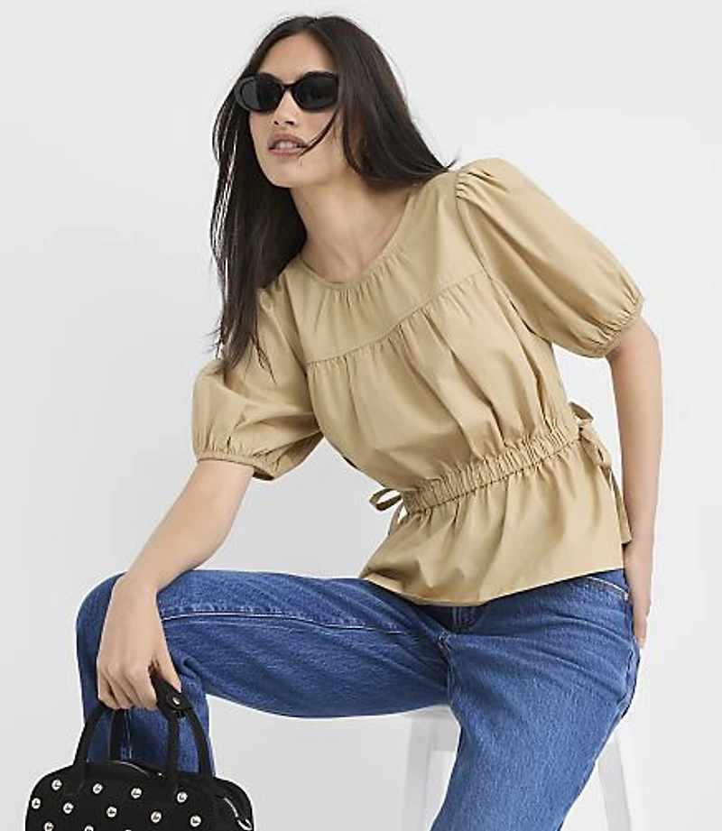 Poplin Side Tie Peplum Blouse