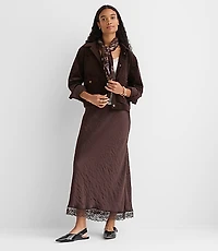 Lace Trim Satin Bias Maxi Skirt