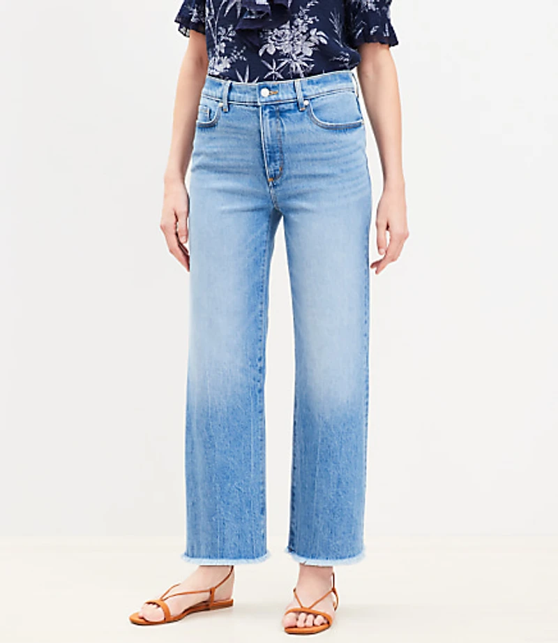 Curvy Frayed High Rise Wide Leg Crop Jeans in Light Wash