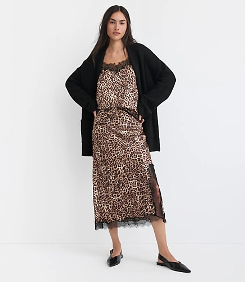 Leopard Print Lace Trim Satin Bias Midi Skirt