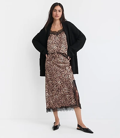 Leopard Print Lace Trim Satin Bias Midi Skirt