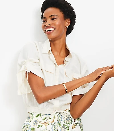 Linen Blend Drawstring Pocket Top