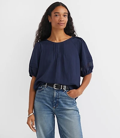 Striped Lace Trim Pintucked Blouse