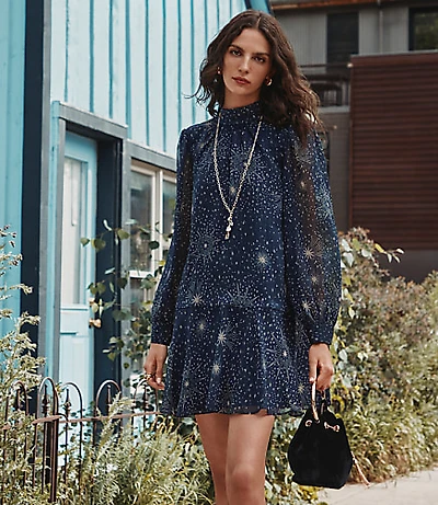 Shimmer Stripe Tie Neck Mini Flounce Dress