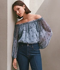 Petite Paisley Ruffle Neck Tie Cuff Blouse