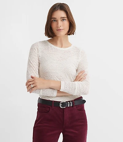 Petite Floral Lace Long Sleeve Crew Neck Tee