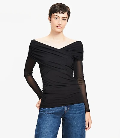 Petite Mesh Ruched Off The Shoulder Top