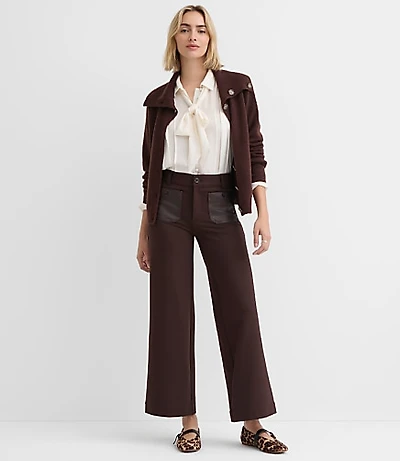 Petite Faux Leather Pocket Palmer Wide Leg Pants in Ponte