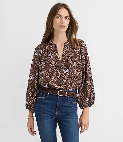 Petite Garden Blouson Sleeve Split Neck Blouse
