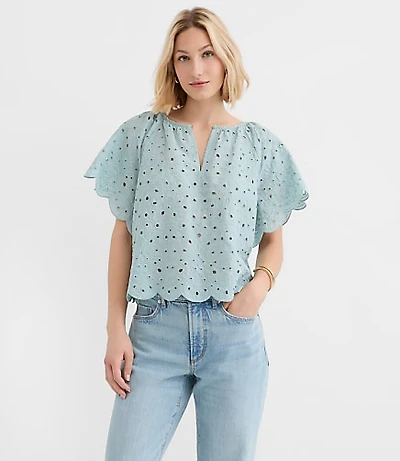 Scalloped Eyelet Flutter Sleeve Top