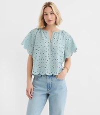 Scalloped Eyelet Flutter Sleeve Top