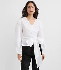 Poplin Bubble Sleeve Wrap Top