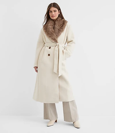 Petite Faux Fur Shawl Collar Belted Coat
