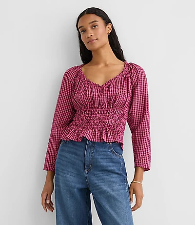 Gingham Smocked Ruffle V-Neck Blouse