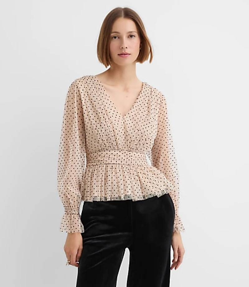 Petite Velvet Dot Tulle Tie Back Peplum Blouse