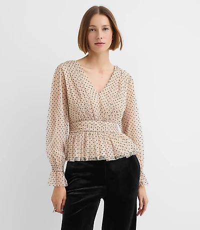 Petite Velvet Dot Tulle Tie Back Peplum Blouse