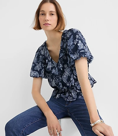 Paisley Ruffle V-Neck Blouse