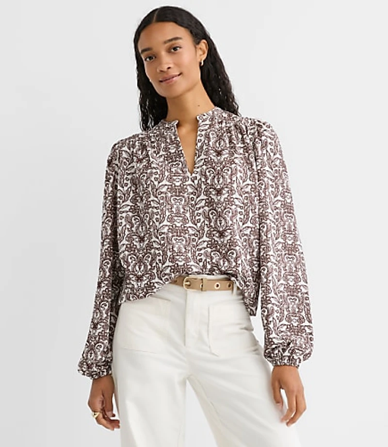Petite Lace Garden Crinkle Knit Split Neck Blouse