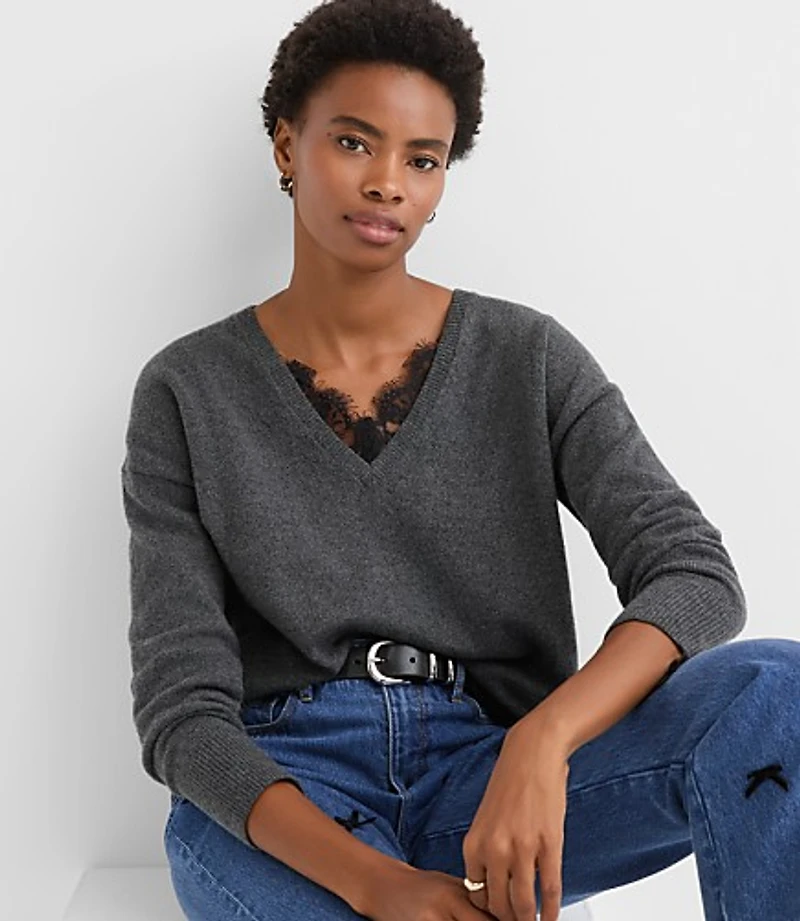 Lace Trim V-Neck Relaxed Everyday Sweater