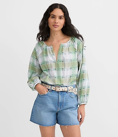 Plaid Gathered Keyhole Blouse