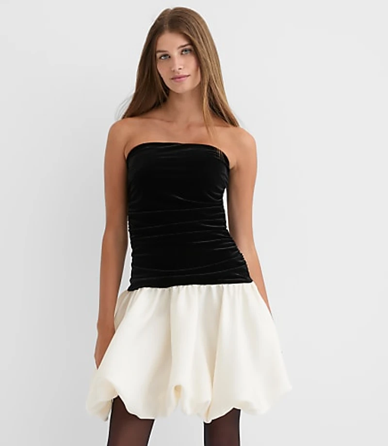 Petite Velvet Strapless Bubble Mini Pocket Dress