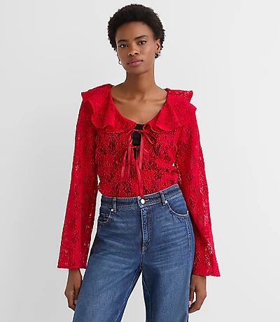 Petite Lace Ruffle Bow Blouse
