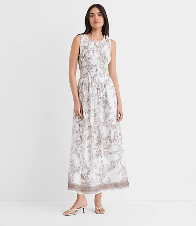 Floral Toile Smocked Midi Pocket Dress