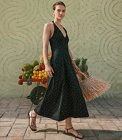 Dotted Linen Cotton Midi Pocket Halter Dress