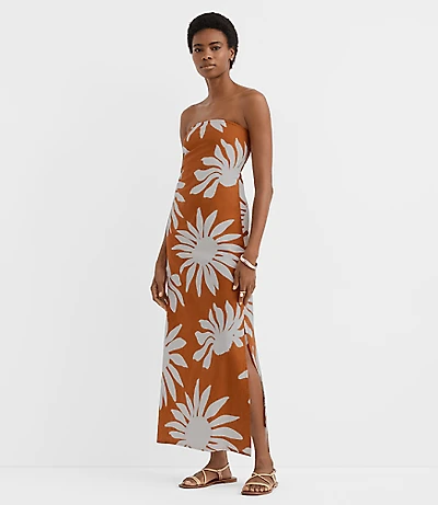 Petite LOFT Beach Floral Side Ruched Linen Cotton Strapless Maxi Dress