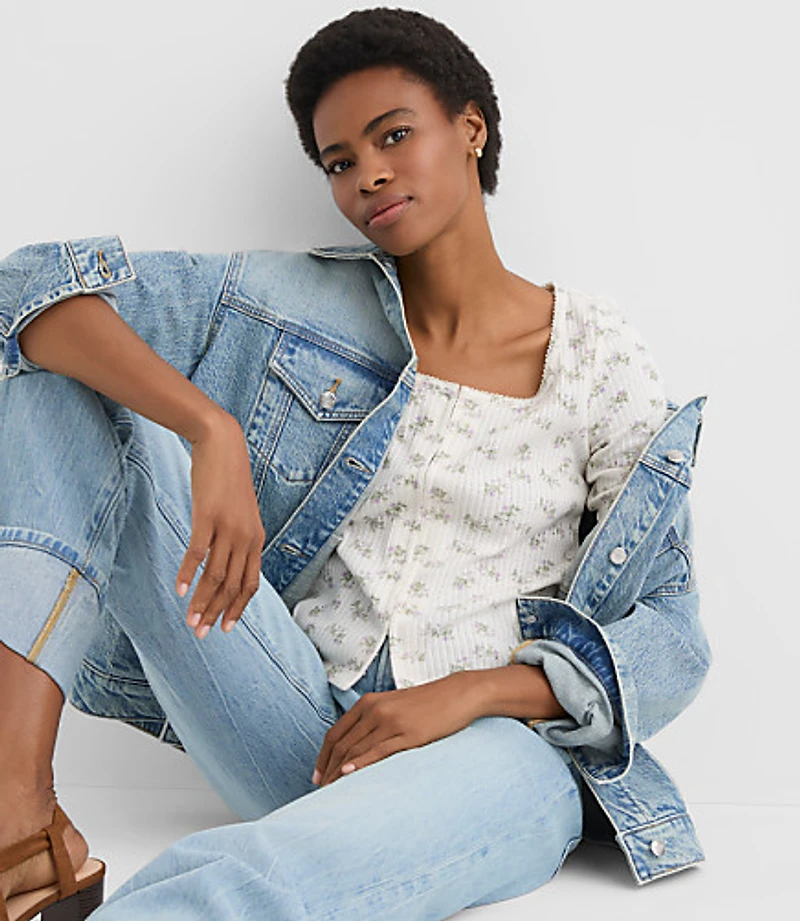 Petite Floral Scalloped Ribbed Square Neck Cardigan
