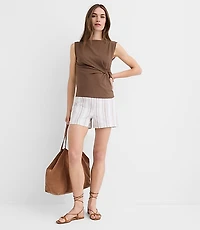 Darted Side Zip Shorts Striped Cotton Linen
