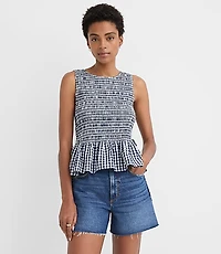 Gingham Poplin Side Tie Smocked Peplum Shell