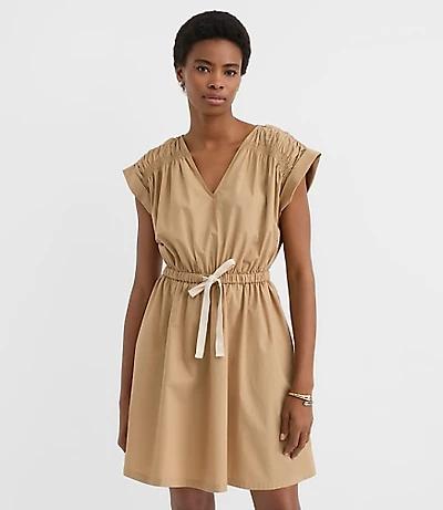 Poplin Shirred Tie Waist Mini Dress