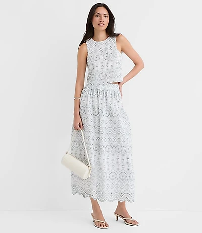 Scalloped Eyelet Poplin Midi Skirt
