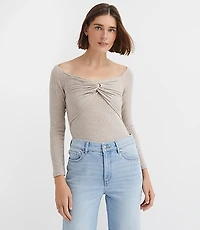 Petite Ribbed Knot Off The Shoulder Top