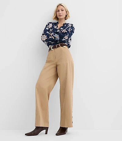 Side Button Wide Leg Pants Twill