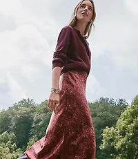 Floral Lace Print Satin Bias Maxi Skirt