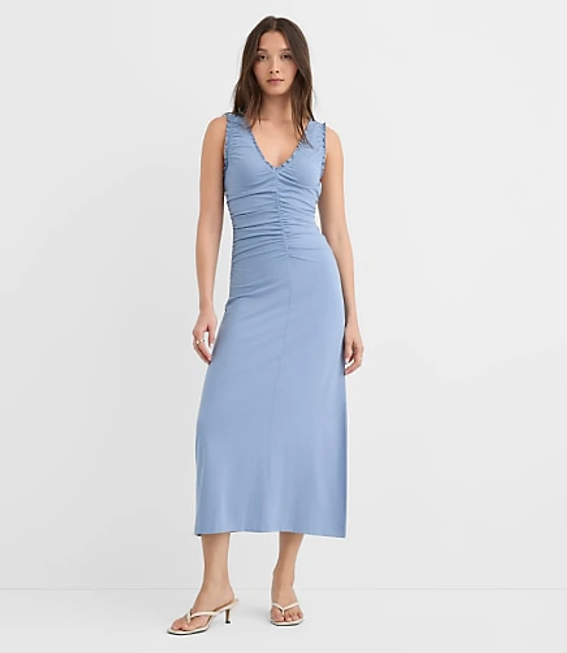 Ruffle Double V Ruched Midi Dress
