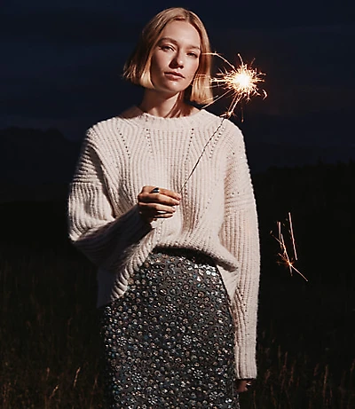 Petite Sequin Pointelle Ribbed Relaxed Sweater