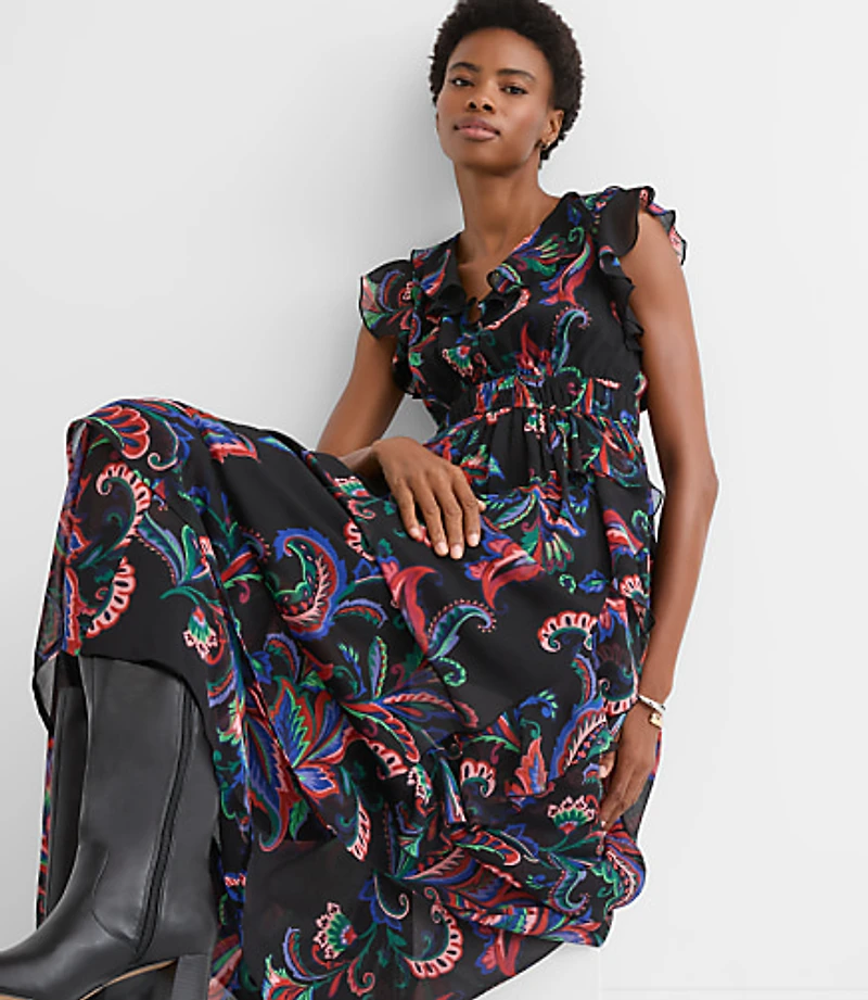 Petite Paisley Ruffle Flounce Maxi Dress
