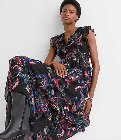 Petite Paisley Ruffle Flounce Maxi Dress
