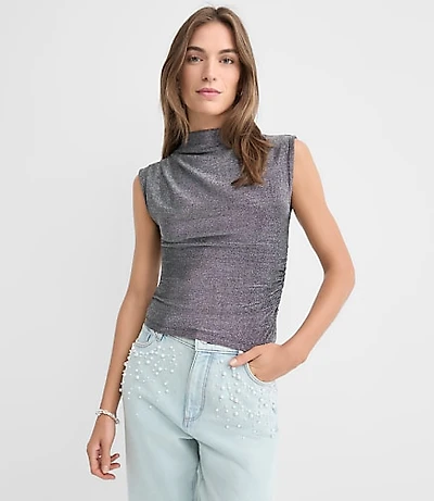 Petite Shimmer Sleeveless Mock Neck Top