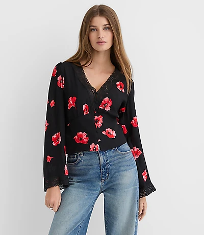 Floral Lace Trim V-Neck Blouse