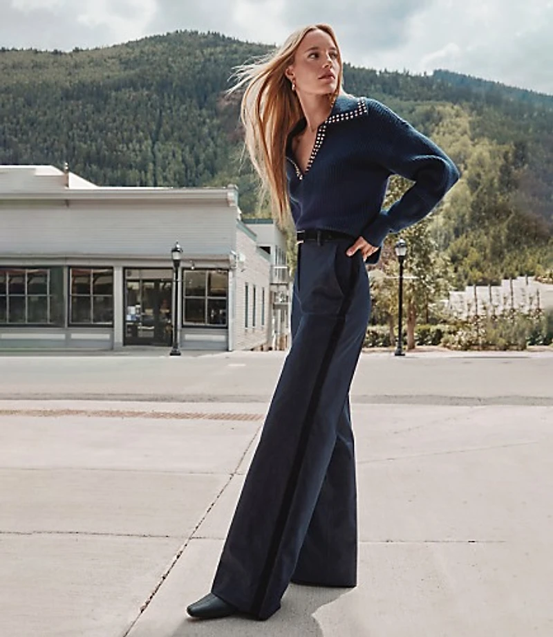Petite Velvet Tuxedo Stripe Clean Wide Leg Pants in Refined Denim
