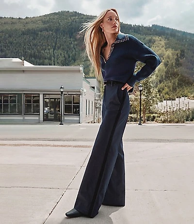 Petite Velvet Tuxedo Stripe Clean Wide Leg Pants in Refined Denim