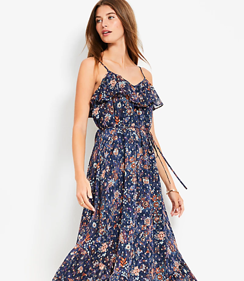 Shimmer Garden Ruffle Midi Dress