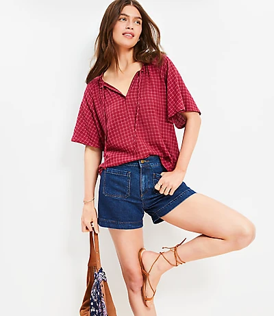 Plaid Tie Neck Blouse