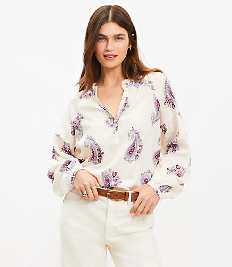 Petite Paisley Draped Sleeve Henley Blouse