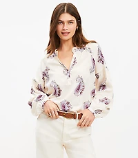 Petite Paisley Draped Sleeve Henley Blouse