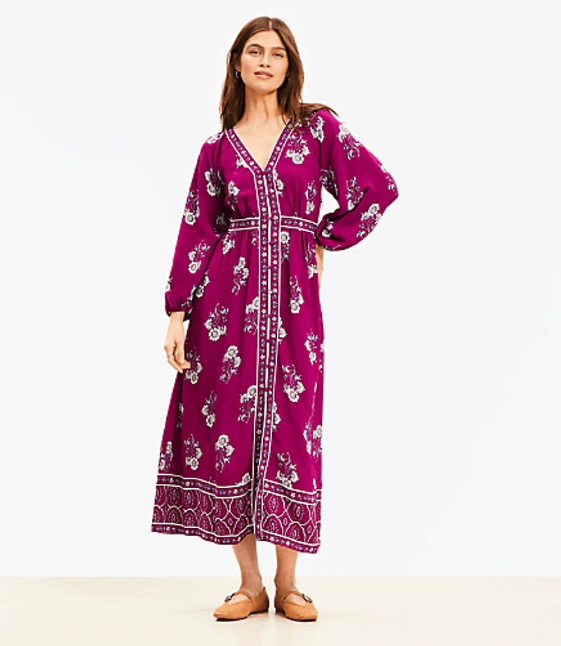 Floral Puff Sleeve Button Midi Dress